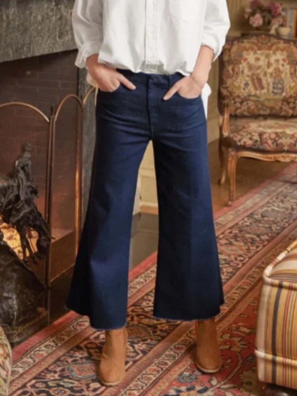 Frank & Eileen Galway Wide Leg Cropped Jeans Dark Blue Denim Luxury Size 30